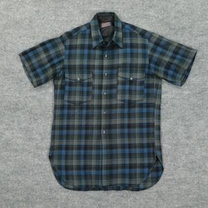 Vintage Pendleton Shirt Mens Medium Blue Green Plaid Wool Short Sleeve USA